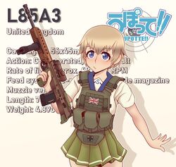  absurdres assault_rifle blonde_hair blue_eyes blush bullpup character_name chest_rig copyright_name cowboy_shot english_text female gun hair_between_eyes highres l85 l85a1_(upotte!!) rifle school_uniform serafuku short_hair solo upotte!! weapon willy_pete 