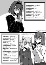  3girls blush cellphone emoticon english_text gawr_gura greyscale hair_intakes highres hololive hololive_english hood hoodie k-nashi long_hair long_sleeves monochrome multicolored_hair multiple_girls nanashi_mumei ouro_kronii phone short_hair smartphone smile spaghetti_strap streaked_hair trembling virtual_youtuber 