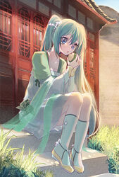  aqua_hair architecture bad_id bad_pixiv_id blue_eyes chinese_clothes chinese_commentary commentary dragon_boat_festival dress east_asian_architecture female food full_body grass hair_between_eyes hanfu hatsune_miku highres holding holding_food lattice long_hair looking_at_viewer outdoors qixiong_ruqun rice ruqun sitting socks solo stairs twintails very_long_hair vocaloid wusebuhui zongzi 