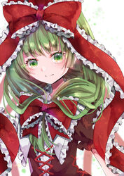  bow bowtie closed_mouth dress female frilled_bowtie frilled_ribbon frilled_sleeves frills front_ponytail green_eyes green_hair hair_ribbon hairbow jaku_sono kagiyama_hina looking_at_viewer medium_hair puffy_short_sleeves puffy_sleeves red_bow red_bowtie red_dress red_ribbon ribbon short_sleeves smile solo touhou upper_body white_background 