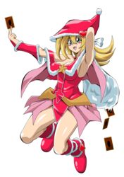  adapted_costume armpits bag bare_shoulders blonde_hair blush_stickers boots breasts card dark_magician_girl duel_monster female full_body fur_trim green_eyes hair_between_eyes hat heart highres holding holding_bag holding_card long_hair open_mouth red_footwear red_hat santa_hat sideboob simple_background smile solo straw_(yokubou_hiroba) white_background yu-gi-oh! 