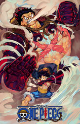  1boy abs absurdres black_hair burn_scar cargo_shorts colored_skin commentary copyright_name english_commentary gear_fourth gear_fourth:_boundman haki hat highres kainonaut looking_at_viewer male_focus monkey_d._luffy multicolored_skin multiple_views muscular muscular_male one_piece open_clothes open_shirt pectorals red_skin rope scar scar_on_chest short_hair shorts standing steam stomach straw_hat v-shaped_eyebrows 