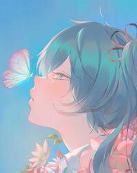  aqua_necktie artist_name blue_background blue_butterfly blue_eyes blue_hair bug butterfly butterfly_on_nose chinese_commentary close-up colorful commentary eyelashes eyes_visible_through_hair female flower gradient hair_flower hair_ornament half-closed_eyes hatsune_miku high_collar highres leaf light_blush lips long_eyelashes long_hair multicolored_butterfly necktie parted_lips pastel_colors pink_flower portrait profile purple_butterfly simple_background solo straight_hair vocaloid wangza white_butterfly white_flower 