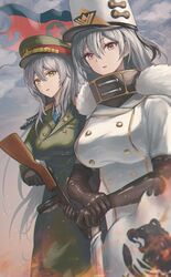  2girls :o azur_lane black_bodysuit black_gloves bodysuit breasts character_request coat commentary_request elbow_gloves eyebrows_visible_through_hair feet_out_of_frame fur-trimmed_coat fur_trim gloves grey_hair gun hat highres holding holding_gun holding_weapon large_breasts long_hair looking_at_viewer medium_breasts military military_hat military_uniform multiple_girls open_mouth oshiro_project oshiro_project_re ppsh-41 purple_eyes sauvignon sovetskaya_rossiya_(azur_lane) standing submachine_gun uniform weapon white_coat winter_clothes winter_coat yellow_eyes 