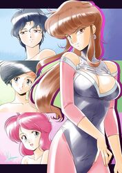  4girls absurdres black_hair blue_eyes brown_eyes brown_hair bubblegum_crisis cleavage_cutout clothing_cutout drop_shadow earrings green_eyes highres jewelry leotard light_smile linna_yamazaki long_hair multiple_girls nene_romanova open_mouth pink_hair priscilla_asagiri red_eyes short_hair signature simple_background sylia_stingray yoshinaga_masahiro 