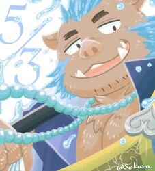  anthro blue_hair brown_body brown_fur facial_hair fur ganglie_(tas) hair hi_res jewelry lifewonders male mammal necklace pecs sekurana solo suid suina sus_(pig) tokyo_afterschool_summoners tusks water wild_boar 