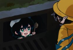  2girls black_hair blue_wings commentary grate green_eyes hat holding holding_ladle houjuu_nue it_(stephen_king) ladle looking_at_another meme multiple_girls murasa_minamitsu parody pennywise_in_the_sewer_(meme) pointy_ears raincoat sailor_collar sailor_hat sewer sewer_grate short_hair smile storm_drain touhou wings yellow_raincoat you_taira 