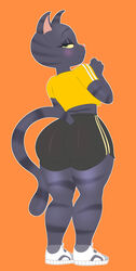  2020 anthro ass avoid_posting bedroom_eyes big_butt black_body black_fur blush bottomwear catty_baby clothed clothing crop_top domestic_cat eyelashes felid feline felis female footwear fur hi_res huwon looking_at_viewer looking_back mammal midriff narrowed_eyes orange_background rear_view seductive shirt shoes shorts simple_background solo standing thick_thighs tiktok tito_lizzardo_and_catty_b topwear wide_hips 