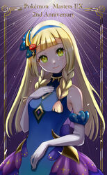  anniversary bare_shoulders blonde_hair blue_dress blue_hairband blunt_bangs braid breasts closed_mouth commentary_request dress elbow_gloves female flower gloves green_eyes hair_flower hair_ornament hairband hand_up head_tilt highres lillie_(anniversary_2021)_(pokemon) lillie_(pokemon) long_hair medium_breasts official_alternate_costume pokemon pokemon_masters_ex red_flower setta_shu sleeveless sleeveless_dress smile solo twin_braids very_long_hair white_gloves 