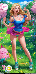  absurdres accidental_exposure aqua_footwear aqua_panties aroma_sensei artist_name backpack bag bare_shoulders belt blonde_hair blue_eyes blue_shirt blush bow bow_panties breasts camisole cleavage collarbone contrapposto emoji english_text female forehead forest frilled_shirt frills full_body grass haley_(stardew_valley) hands_up harvey_(stardew_valley) high_tops highres jewelry large_breasts long_hair looking_down maru_(stardew_valley) midriff_peek miniskirt mole mole_on_breast nature necklace open_mouth outdoors panties pantyshot parted_hair patreon_username penny_(stardew_valley) petals pink_skirt shirt shoes skirt sneakers socks solo_focus speech_bubble standing star_(symbol) stardew_valley surprised underwear wavy_hair web_address white_socks wind wind_lift 