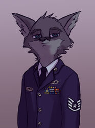  anthro badge blue_eyes canid canine clothing famished_(artist) fox grey_fox hamilton_(famished) hi_res looking_at_viewer male mammal necktie simple_background solo suit uniform urocyon 