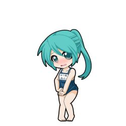  aqua_eyes aqua_hair barefoot black_outline blue_one-piece_swimsuit blush character_name chibi chibi_only embarrassed female full_body game_asset hatsune_miku hatsune_miku_graphy_collection long_hair looking_at_viewer name_tag nose_blush old_school_swimsuit one-piece_swimsuit open_mouth outline ponytail school_swimsuit solo standing swimsuit swimsuit_tug transparent_background vocaloid 