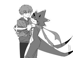  anthro bandai_namco betelgammamon blush clothing digimon digimon_(species) digimon_ghost_game duo hi_res hiro_amanokawa hoodie horn hug human male mammal noire02_a scalie scarf smile tail tail_motion tailwag topwear 