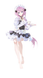  absurdres apron barefoot black_dress blue_eyes breasts cake cameltoe chair chinese_commentary cleavage commentary_request cup dress elysia_(honkai_impact) elysia_(miss_pink)_(honkai_impact) elysia_(miss_pink_elf)_(honkai_impact) fake_horns feet female food gloves highres holding holding_cup holding_plate honkai_(series) honkai_impact_3rd horns large_breasts long_hair maid maid_apron maid_headdress official_alternate_costume pink_hair plant plate potted_plant qiannai_live simple_background sitting solo strawberry_shortcake table teacup teapot variant_set very_long_hair white_apron white_background white_gloves 