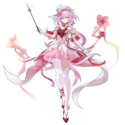  absurdres beret breasts commentary_request diamond-shaped_pupils diamond_(shape) dress elysia_(hi_love_elf)_(honkai_impact) elysia_(honkai_impact) female full_body hat highleg highres holding honkai_(series) honkai_impact_3rd instrument large_breasts long_hair looking_at_viewer multicolored_dress multicolored_hair pink_dress pink_hair purple_eyes qiannai_live red_dress simple_background solo symbol-shaped_pupils thighhighs thighs trumpet two-tone_hair very_long_hair white_background white_dress white_hair white_thighhighs 