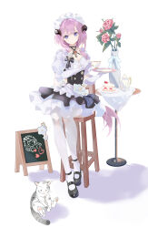  absurdres apron black_dress black_shoes blue_eyes breasts cake chair chinese_commentary cleavage commentary_request cup dress elysia_(honkai_impact) elysia_(miss_pink)_(honkai_impact) elysia_(miss_pink_elf)_(honkai_impact) fake_horns feline female food gloves highres holding holding_cup holding_plate honkai_(series) honkai_impact_3rd horns large_breasts long_hair maid maid_apron maid_headdress official_alternate_costume on_chair pink_hair plant plate potted_plant qiannai_live shoes simple_background sitting solo strawberry_shortcake table teacup teapot thighhighs variant_set very_long_hair white_apron white_background white_gloves white_thighhighs 