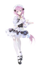  absurdres apron black_dress blue_eyes breasts cake chair chinese_commentary cleavage commentary_request cup dress elysia_(honkai_impact) elysia_(miss_pink)_(honkai_impact) elysia_(miss_pink_elf)_(honkai_impact) fake_horns female food gloves highres holding holding_cup holding_plate honkai_(series) honkai_impact_3rd horns large_breasts long_hair maid maid_apron maid_headdress official_alternate_costume pink_hair plant plate potted_plant qiannai_live simple_background sitting solo strawberry_shortcake table teacup teapot thighhighs variant_set very_long_hair white_apron white_background white_gloves white_thighhighs 