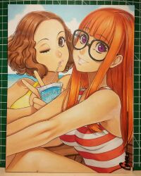  2girls artist_name beach bikini black-framed_eyewear blunt_bangs breasts brown_eyes brown_hair can chair commentary commentary_request curly_hair drink drink_carton drinking drinking_straw earrings english_commentary eyewear_on_head glasses highres holding holding_drink holding_drink_carton holding_juice_box jewelry juice_box long_hair looking_at_viewer marker_(medium) medium_breasts medium_hair multiple_girls ocean okumura_haru omar_dogan on_chair one-piece_swimsuit one_eye_closed orange_hair parted_lips persona persona_5 photo_(medium) purple_eyes red_one-piece_swimsuit sakura_futaba sidelocks signature sitting striped_clothes striped_one-piece_swimsuit swimsuit traditional_media white_one-piece_swimsuit yellow_one-piece_swimsuit 