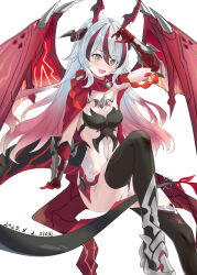  absurdres black_boots black_corset boots breasts chinese_commentary commentary_request coralie_6626_planck coralie_6626_planck_(behold!_fate-defying_dragon) corset dragon_girl dragon_horns dragon_tail dragon_wings female gauntlets highres honkai_(series) honkai_impact_3rd horns long_hair multicolored_eyes multicolored_hair qiannai_live red_hair simple_background small_breasts smile solo tail two-tone_eyes two-tone_hair very_long_hair white_background white_hair wings 