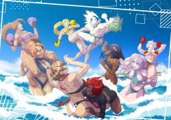  1boy 6+girls abs alyssa_(ultimamaiden3d2) aqua_bikini back_muscles bare_arms bikini black_bikini black_hair blonde_hair blue_eyes blue_sky boxing_gloves braid braided_ponytail breast_press breasts brown_hair carrying cleavage commentary commission dark-skinned_female dark_skin day english_commentary falling flame_print flying_kick freyna_nilay_(aknight931) full_body green_brother_(lionfranky) green_eyes green_hair hand_on_another's_leg head_back headband highres hitoko_tsumura_(trucee) isura-eru karina_(isura-eru) kicking large_breasts long_hair looking_at_another masuyo_ai_(halfratehero) multiple_girls muscular muscular_female muscular_male myriam_(tatsumi5032) ocean orange_hair original outdoors purple_bikini purple_eyes rash_guard red_eyes red_hair red_headband short_hair shoulder_carry side-tie_bikini_bottom sky sling_bikini_top strapless strapless_bikini surprised swimsuit swimsuit_tug tanya_(radiodemon5421) tomboy topless_male very_long_hair wading white_hair yellow_bikini yellow_eyes yellow_sister_(ftrubyruben) 