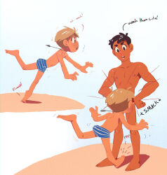  2boys absurdres age_difference anonanim blonde_hair blue_male_swimwear body_freckles commentary english_commentary face_in_crotch freckles freddie_zasterbell_(anonanim) highres lolicon male_swimwear multiple_boys multiple_views nipples onii-shota original sand shoulder_freckles simple_background striped_male_swimwear swim_briefs topless_male tripping whistle whistle_around_neck white_background 