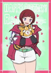  anthro bandai_namco blue_eyes bottomwear clothing digimon digimon_(species) digimon_beatbreak duo female fur gun_arm heart_symbol hi_res hug human jacket mammal mas_square nervous orange_body orange_fur pristimon reina_sakuya shorts smile topwear 