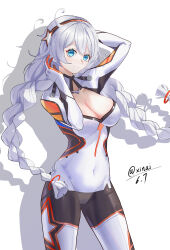  absurdres ahoge blue_eyes bodysuit breasts chinese_commentary cleavage commentary_request dated female highres honkai_(series) honkai_impact_3rd kiana_kaslana kiana_kaslana_(white_comet) large_breasts long_hair looking_at_viewer qiannai_live simple_background solo very_long_hair white_background white_bodysuit white_hair 