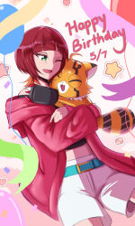  3:5 absurd_res anthro bandai_namco belt blush bottomwear clothing crop_top digimon digimon_(species) digimon_beatbreak doodledigi duo female fur green_eyes hi_res hug human jacket mammal one_eye_closed orange_body orange_fur pristimon reina_sakuya shirt shorts size_difference smile topwear 