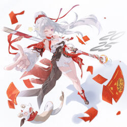  ;o absurdres blue_eyes breasts chinese_commentary commentary_request diamond-shaped_pupils diamond_(shape) dress female finger_gun high_ponytail highres holding holding_weapon hongbao honkai_(series) honkai_impact_3rd kiana_kaslana kiana_kaslana_(ba-dum!_fiery_wishing_star) large_breasts long_hair one_eye_closed ponytail qiannai_live rice_cake_(honkai_impact) simple_background snake solo symbol-shaped_pupils very_long_hair weapon white_background white_dress white_snake 
