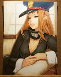  artist_name black_bodysuit blonde_hair blue_hat bodysuit boku_no_hero_academia breasts brown_eyes catsuit cleavage collar commentary commentary_request couch curtains english_commentary female hat highres indoors large_breasts latex latex_bodysuit lips long_hair long_sleeves marker_(medium) omar_dogan on_couch open_bodysuit open_clothes parted_lips partially_unzipped peaked_cap photo_(medium) skin_tight solo superhero_costume thick_lips traditional_media unzipped utsushimi_camie white_wrist_cuffs window wrist_cuffs 