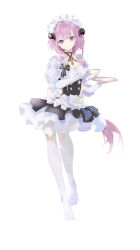  absurdres apron black_dress blue_eyes breasts cake chair chinese_commentary cleavage commentary_request cup dress elysia_(honkai_impact) elysia_(miss_pink)_(honkai_impact) elysia_(miss_pink_elf)_(honkai_impact) fake_horns female food gloves highres holding holding_cup holding_plate honkai_(series) honkai_impact_3rd horns large_breasts long_hair maid maid_apron maid_headdress no_shoes official_alternate_costume pink_hair plant plate potted_plant qiannai_live simple_background sitting solo strawberry_shortcake table teacup teapot thighhighs variant_set very_long_hair white_apron white_background white_gloves white_thighhighs 