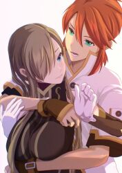  1boy arm_under_breasts blue_eyes breasts brown_dress brown_gloves brown_hair brown_sleeves closed_mouth commentary_request detached_sleeves dress female fingerless_gloves gloves green_eyes hair_between_eyes hair_over_one_eye hug hug_from_behind jacket komegura large_breasts long_hair looking_at_another luke_fon_fabre one_eye_covered open_mouth red_hair short_hair short_sleeves simple_background sleeveless sleeveless_dress tales_of_(series) tales_of_the_abyss tear_grants upper_body white_gloves white_jacket 