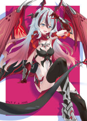  absurdres black_boots black_corset boots border breasts chinese_commentary commentary_request coralie_6626_planck coralie_6626_planck_(behold!_fate-defying_dragon) corset dragon_girl dragon_horns dragon_tail dragon_wings female gauntlets highres honkai_(series) honkai_impact_3rd horns long_hair multicolored_eyes multicolored_hair purple_background qiannai_live red_hair small_breasts smile solo tail two-tone_eyes two-tone_hair very_long_hair white_border white_hair wings 