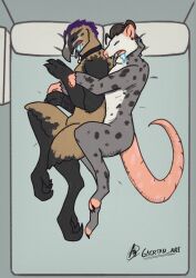  american_opossum american_opossum_humanoid animal_humanoid anthro anthro_on_anthro bed bedroom digital_drawing_(artwork) digital_media_(artwork) from_behind_position furniture gaertan hi_res hug hugging_another hugging_from_behind humanoid mammal mammal_humanoid marsupial marsupial_humanoid nightstand sex shaded simple_background simple_coloring simple_shading sleeping sleeping_together spoon_position spooning 