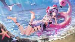  absurdres afloat ass beach bikini bird black_bikini blue_sky breasts commentary_request female hair_intakes henjiwumei highres honkai_(series) honkai_impact_3rd large_breasts legs_up long_hair ocean official_alternate_costume outdoors pink_innertube purple_eyes seagull sky solo starfish swimsuit thelema_nutriscu thelema_nutriscu_(roseate_summer) thigh_strap thighs toes white_hair 