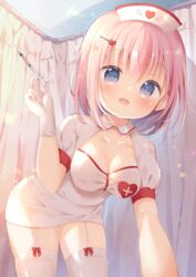  :d all_fours blue_eyes blush bow breasts cleavage commentary_request curtains dress female garter_straps gloves hair_between_eyes hair_ornament hairclip hand_up hat heart heart_hair_ornament highres holding holding_syringe indoors looking_at_viewer medium_breasts moe2021 nurse nurse_cap open_mouth original pink_hair red_bow rin_(fuwarin) short_sleeves smile solo syringe thighhighs white_dress white_gloves white_hat white_thighhighs 