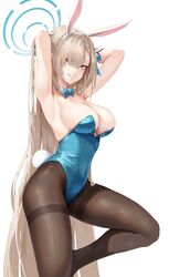  absurdres animal_ears armpits arms_behind_head arms_up asuna_(blue_archive) asuna_(bunny)_(blue_archive) bad_id bad_twitter_id bare_arms bare_shoulders blue_archive blue_eyes blue_leotard bow bowtie breasts brown_hair brown_pantyhose cleavage commentary covered_navel detached_collar fake_animal_ears fake_tail female grin hair_over_one_eye hairband halo highleg highleg_leotard highres large_breasts leg_up legs leotard leviathan_(hikinito0902) long_hair looking_at_viewer mole mole_on_breast official_alternate_costume pantyhose playboy_bunny rabbit_ears rabbit_tail simple_background smile solo strapless strapless_leotard tail thighband_pantyhose traditional_bowtie very_long_hair white_background wrist_cuffs 