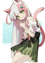  animal_ear_fluff animal_ears blue_background blush braid cat_ears cat_girl cat_tail closed_mouth commentary_request female green_eyes green_skirt hands_up long_hair multicolored_hair off-shoulder_shirt off_shoulder original pink_hair pleated_skirt polka_dot polka_dot_background romaji_text shadowsinking shirt short_sleeves single_braid skirt smile solo steepled_fingers streaked_hair tail tail_raised two-tone_background very_long_hair white_background white_hair white_shirt 