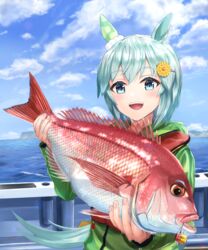  absurdres alternate_costume animal_ears blue_eyes blue_hair commentary_request female fish fusou_(fuso0205) hair_ornament hairclip highres horse_ears horse_girl horse_tail looking_at_viewer ocean outdoors red_snapper seiun_sky_(umamusume) short_hair sky snapper_(fish) solo tail umamusume 