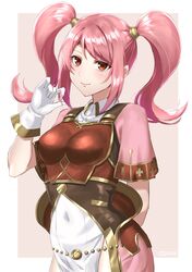  arm_behind_back armor bad_id bad_twitter_id boobplate breastplate closed_mouth collared_dress covered_navel dress female fire_emblem fire_emblem_echoes:_shadows_of_valentia gloves highres holding holding_own_hair long_hair mae_(fire_emblem) red_eyes shinae short_sleeves simple_background smile solo twintails upper_body white_gloves 