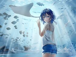  aquarium blue_eyes blue_hair braid commentary_request dolphin female fish misakino_kukuru sayuuiede shiroi_suna_no_aquatope short_hair short_shorts shorts side_braid solo stingray 