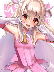  ascot bare_shoulders blush breasts cape commentary_request dress elbow_gloves fate/kaleid_liner_prisma_illya fate_(series) feather_hair_ornament feathers female gloves hair_between_eyes hair_ornament highres illyasviel_von_einzbern layered_gloves long_hair looking_at_viewer magical_girl open_mouth pan_korokorosuke pink_dress pink_gloves prisma_illya red_eyes sidelocks skirt small_breasts smile solo two_side_up white_cape white_gloves white_hair white_skirt 