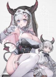  2girls blue_eyes blush breasts bright_pupils cleavage demon_tail elbow_gloves gloves grey_hair hair_ornament hairclip hand_up highres horns index_finger_raised large_breasts looking_at_viewer medium_hair multiple_girls original skindentation sparkle tail thighhighs voruvoru white_gloves white_pupils white_thighhighs 