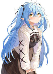  absurdres ahoge amefukura_art black_ribbon blue_hair blush cardigan closed_mouth colored_tips commentary_request dress elf female hair_between_eyes hair_ribbon highres holding hololive leaning_forward long_hair long_sleeves looking_at_viewer multicolored_hair official_alternate_costume official_alternate_hairstyle open_cardigan open_clothes plaid plaid_dress pointy_ears revision ribbon simple_background solo streaked_hair two_side_up very_long_hair virtual_youtuber white_background white_cardigan yellow_eyes yukihana_lamy yukihana_lamy_(casual) 