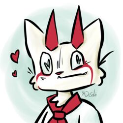  1:1 ambiguous_gender anthro demon domestic_cat felid feline felis fur heart_eyes heart_symbol hearts_around_body horn mammal markings red_markings red_scarf scarf simple_background simple_coloring solo white_body white_fur yandede 