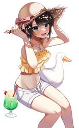  :d alternate_costume bad_id bad_twitter_id bird black_hair blue_eyes blush breasts brown_hat cherry commentary crop_top cup drink drinking_glass drinking_straw duck feet_out_of_frame female food fruit hands_on_headwear hat highres hololive ice_cream ice_cream_float knees_together_feet_apart medium_breasts midriff moonbell nail_polish navel oozora_subaru open_mouth shirt short_hair short_shorts shorts simple_background sitting sleeveless sleeveless_shirt smile solo straw_hat sun_hat swept_bangs symbol-only_commentary teeth upper_teeth_only virtual_youtuber white_background white_shorts yellow_nails yellow_shirt 