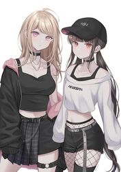  2girls akamatsu_kaede alternate_costume bangs banned_artist blonde_hair breasts brown_hair collarbone danganronpa_(series) danganronpa_v3:_killing_harmony earrings fishnet_legwear fishnets harukawa_maki highres jewelry long_hair long_sleeves looking_at_viewer multiple_girls nabekokoa pleated_skirt red_eyes shirt shorts single_thighhigh skirt thighhighs twintails 