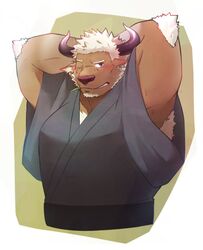  1boy alternate_costume animal_ears arms_behind_head bara blush brown_fur chest_hair chinese_zodiac cow_ears cow_horns cropped_torso facial_hair furry furry_male happy_new_year highres horns leaf looking_at_viewer male_focus mature_male minotaur mouth_hold muscular muscular_male new_year one_eye_closed pectorals purple_eyes purple_horns resub221 shennong_(housamo) short_hair sideburns solo stalk_in_mouth tokyo_afterschool_summoners white_hair year_of_the_ox 