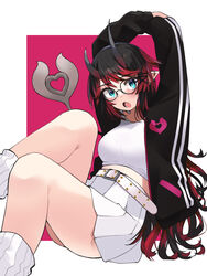  :o absurdres alternate_costume arms_up belt black-framed_eyewear black_hair black_jacket blue_eyes blush breasts commentary demon_girl demon_horns demon_tail ear_bar earrings feet_out_of_frame female glasses highres horns jacket jewelry large_breasts long_hair looking_at_viewer medium_bangs midriff multicolored_hair nanashi_inc. open_clothes open_jacket open_mouth pleated_skirt pointy_ears red_background red_hair round_eyewear ryugasaki_rene shirt simple_background sitting skirt socks solo tail two-tone_background two-tone_hair very_long_hair virtual_youtuber white_background white_belt white_shirt white_skirt white_socks zono_(inokura_syuzo029) 