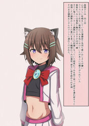  absurdres animal_ear_fluff animal_ears black_gloves bow bowtie brooch brown_hair cat_ears cat_girl closed_mouth commentary copyright_request cowboy_shot female gloves hair_ornament hairclip highres jacket jewelry long_sleeves looking_at_viewer mamerakkkkko midriff miniskirt navel open_clothes open_jacket pink_sailor_collar pleated_skirt purple_eyes red_bow red_bowtie sailor_collar short_hair skirt smile solo standing translation_request white_jacket white_skirt 